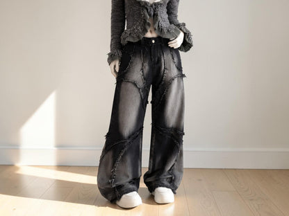 Women's Patchwork Wide Leg Jeans | High Waist Washed Denim Streetwear Baggy Pants