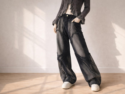 Women's Patchwork Wide Leg Jeans | High Waist Washed Denim Streetwear Baggy Pants