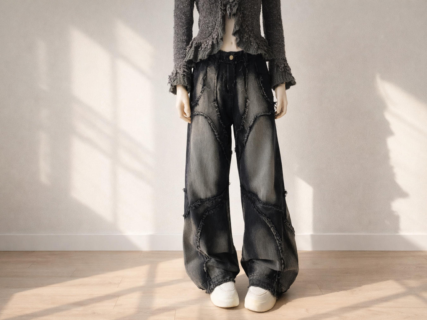 Women's Patchwork Wide Leg Jeans | High Waist Washed Denim Streetwear Baggy Pants