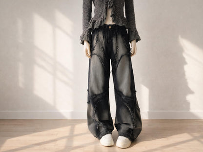 Women's Patchwork Wide Leg Jeans | High Waist Washed Denim Streetwear Baggy Pants