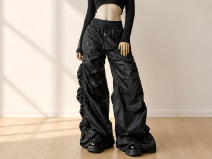 Women's Ruched Wide Leg Pants | High Waist Drawstring Trousers, Relaxed Fit Streetwear