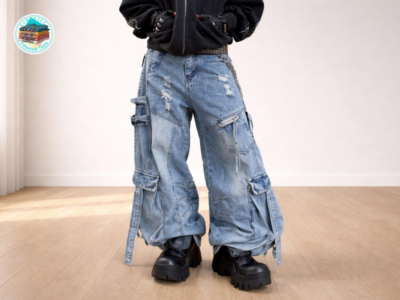 Baggy Cargo Jeans | Washed Denim Ripped Wide Leg Pants | Buckle Strap Pockets JuChachaShop