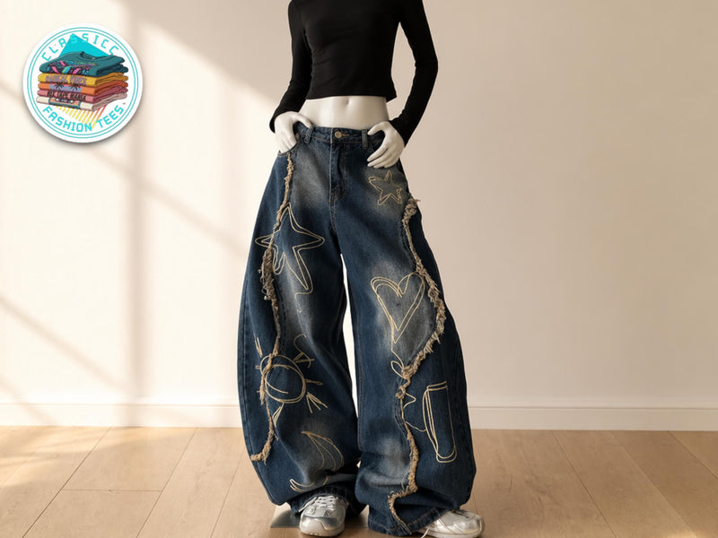 Baggy Star Embroidered Wide Leg Jeans | Loose Fit Denim Streetwear Pants JuChachaShop