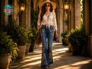 Floral Embroidered Flare Jeans Women Boho Bell Bottom Denim Vintage Western Wide Leg Jeans JuChachaShop