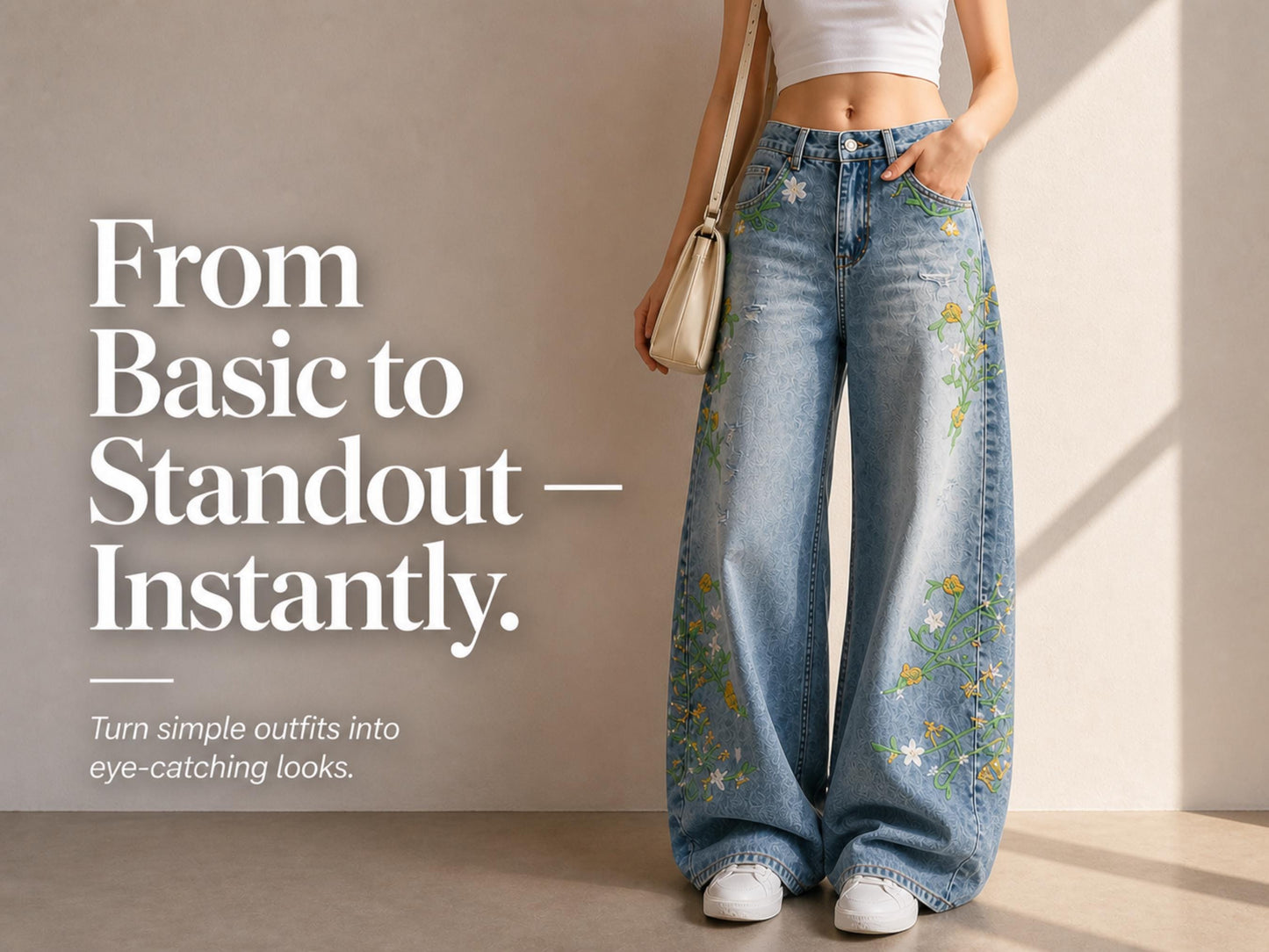 Floral Embroidered Wide Leg Jeans | Relaxed Streetwear Denim Pants
