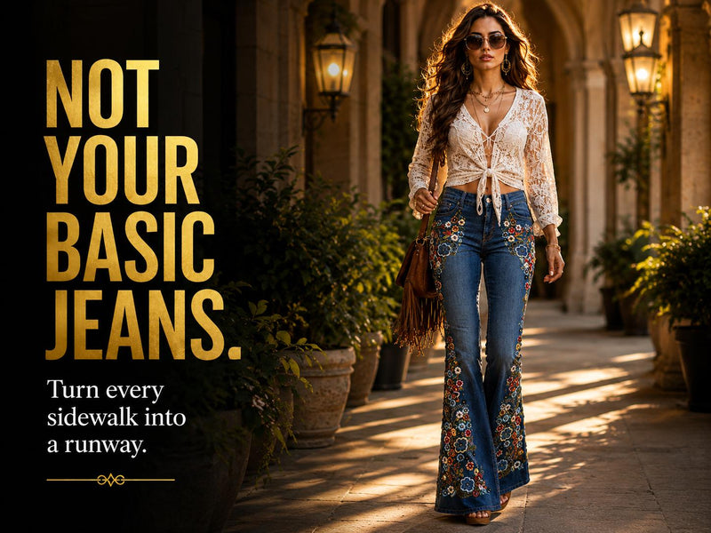 Floral Embroidered Flare Jeans Women Boho Bell Bottom Denim Vintage Western Wide Leg Jeans JuChachaShop