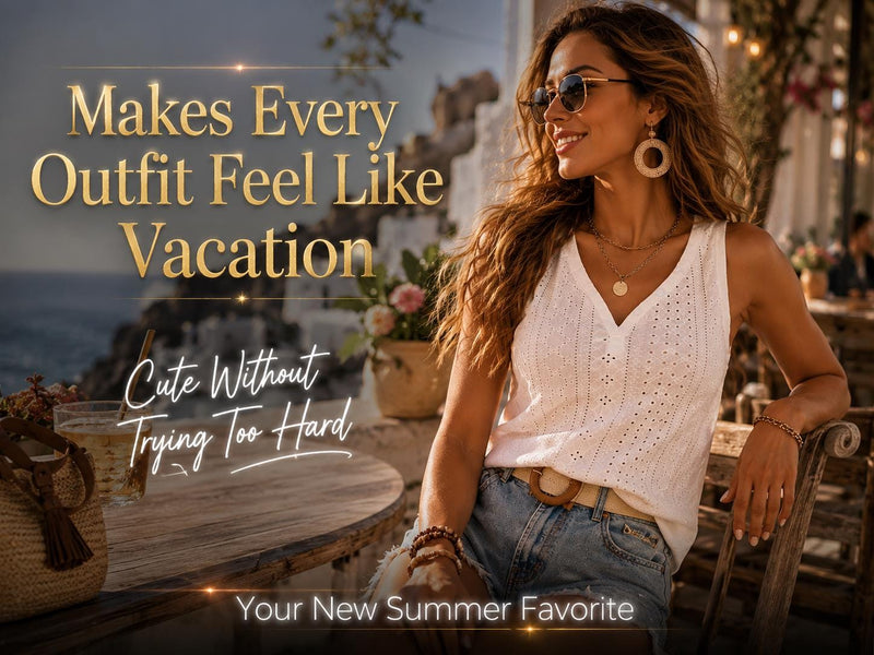 White Eyelet Sleeveless V-Neck Boho Tank Blouse – Lightweight Vacation Shirt JuChachaShop