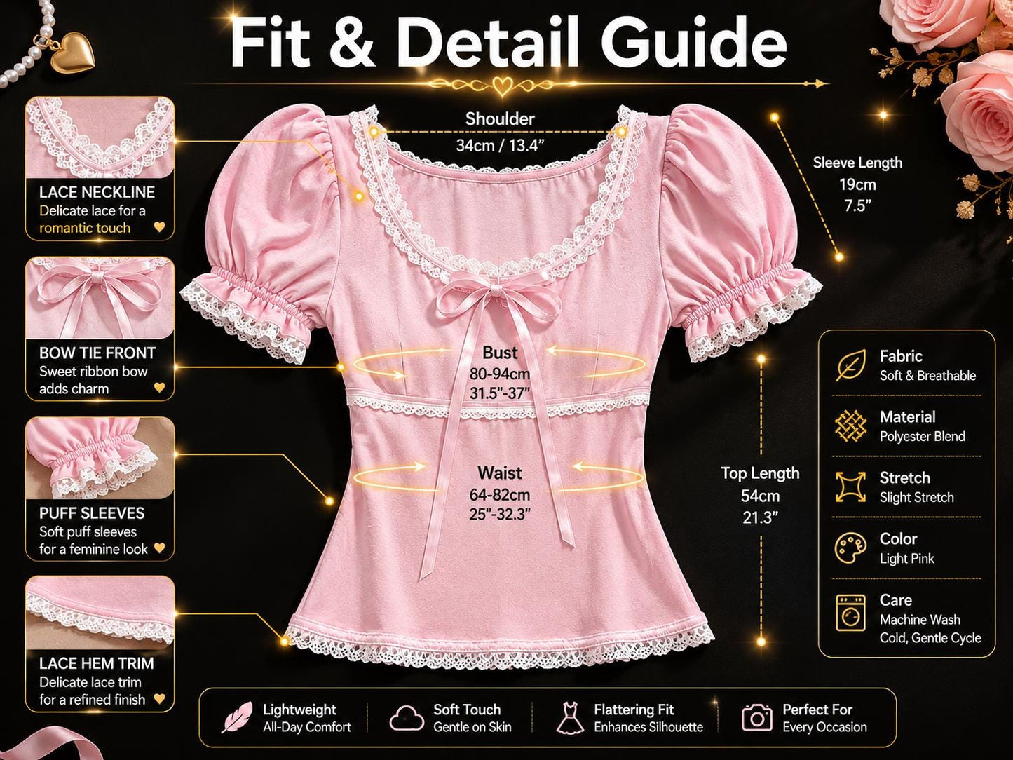 Coquette Lace Trim Puff Sleeve Top: Soft Girl Balletcore Pink Shirt