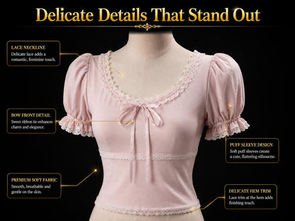 Coquette Lace Trim Puff Sleeve Top: Soft Girl Balletcore Pink Shirt