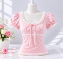 Coquette Lace Trim Puff Sleeve Top: Soft Girl Balletcore Pink Shirt JuChachaShop