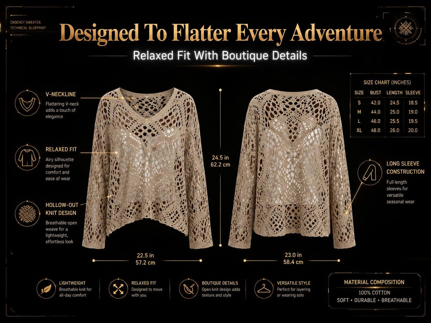 Boho Crochet Knit Sweater Top: Women's Beach Cover Up, Loose Bohemian Summer Blouse