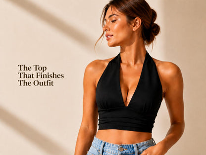 Halter Crop Top | Deep V Neckline, Backless Wrap Style, Sleeveless Summer Shirt