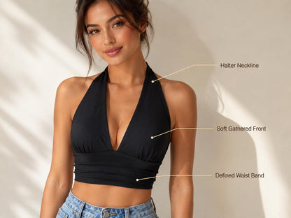 Halter Crop Top | Deep V Neckline, Backless Wrap Style, Sleeveless Summer Shirt