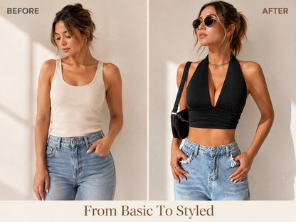 Halter Crop Top | Deep V Neckline, Backless Wrap Style, Sleeveless Summer Shirt