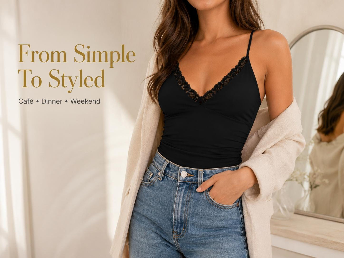 Lace Trim V-Neck Cami Top | Fitted Feminine Blouse, Thin Strap Layer