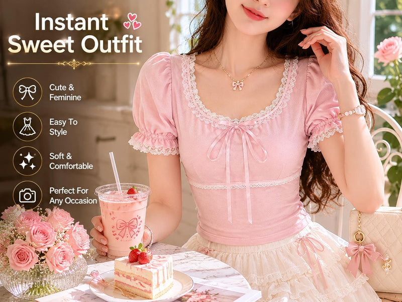 Coquette Lace Trim Puff Sleeve Top: Soft Girl Balletcore Pink Shirt JuChachaShop