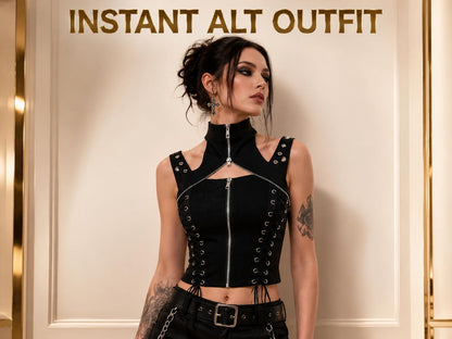 Black Gothic Halter Crop Top | Zip Front Lace Up Punk Shirt