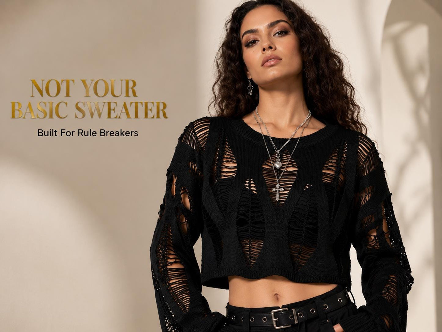 Black Distressed Knit Crop Sweater: Y2K Gothic Hollow Out Pullover Alternative Streetwear