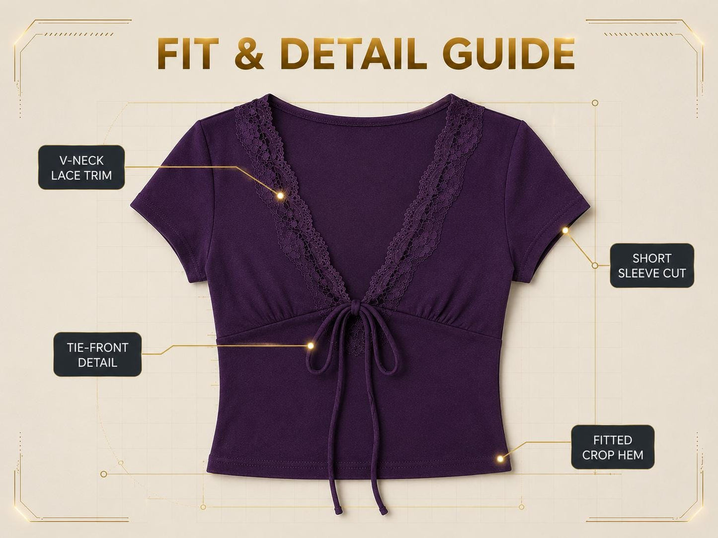Purple Lace V-Neck Crop Top | Tie Front Short Sleeve Fairycore Blouse
