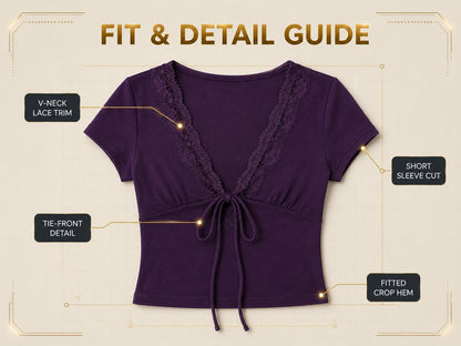 Purple Lace V-Neck Crop Top | Tie Front Short Sleeve Fairycore Blouse