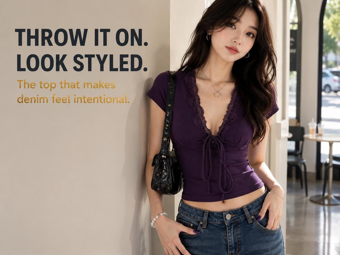 Purple Lace V-Neck Crop Top | Tie Front Short Sleeve Fairycore Blouse
