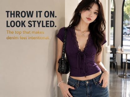 Purple Lace V-Neck Crop Top | Tie Front Short Sleeve Fairycore Blouse