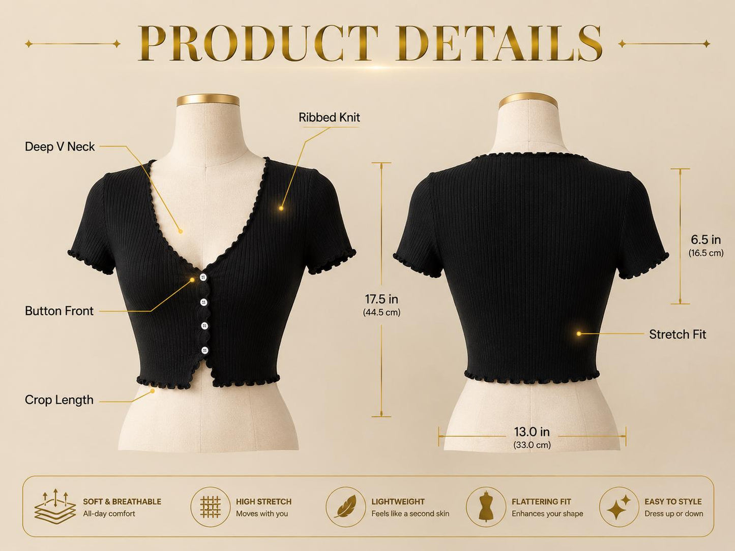Black Ribbed Button Front Crop Top: Deep V Neck, Short Sleeve Korean Style