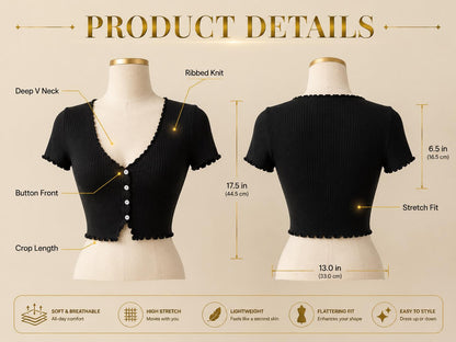 Black Ribbed Button Front Crop Top: Deep V Neck, Short Sleeve Korean Style