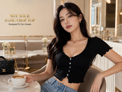 Black Ribbed Button Front Crop Top: Deep V Neck, Short Sleeve Korean Style