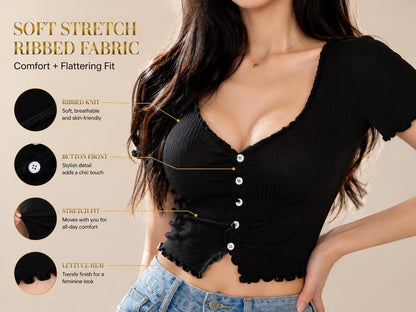 Black Ribbed Button Front Crop Top: Deep V Neck, Short Sleeve Korean Style