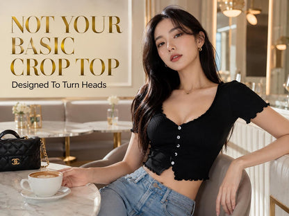 Black Ribbed Button Front Crop Top: Deep V Neck, Short Sleeve Korean Style