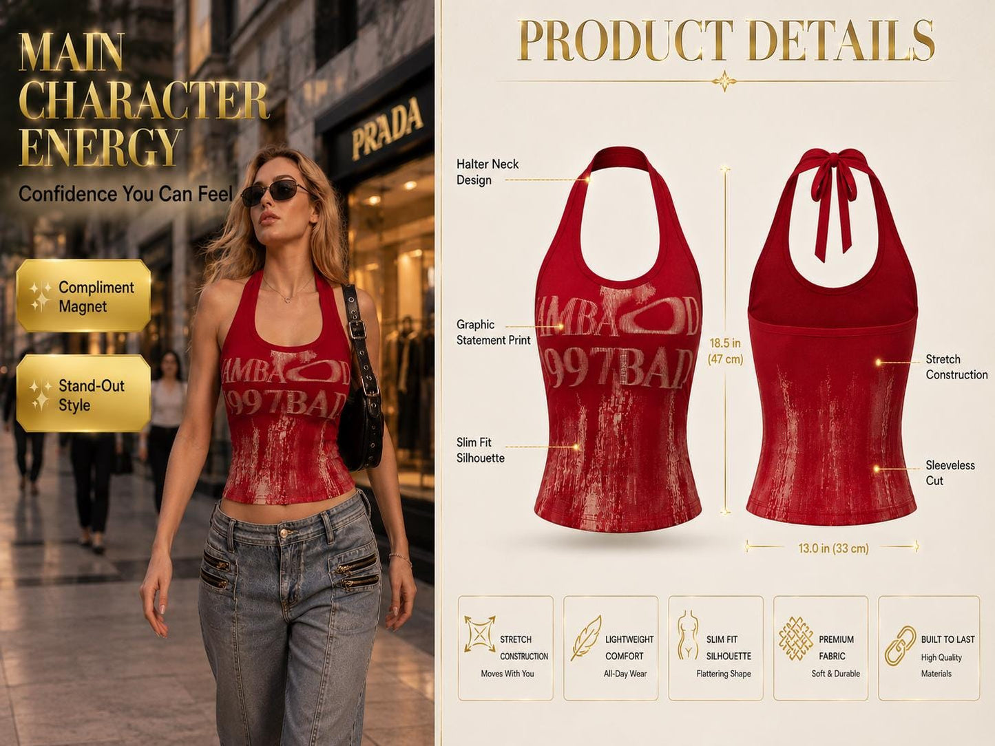 Y2K Graphic Halter Crop Top: Slim Fit Statement Streetwear Fashion