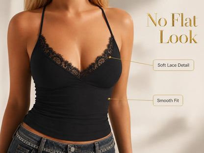 Lace Trim V-Neck Cami Top | Fitted Feminine Blouse, Thin Strap Layer