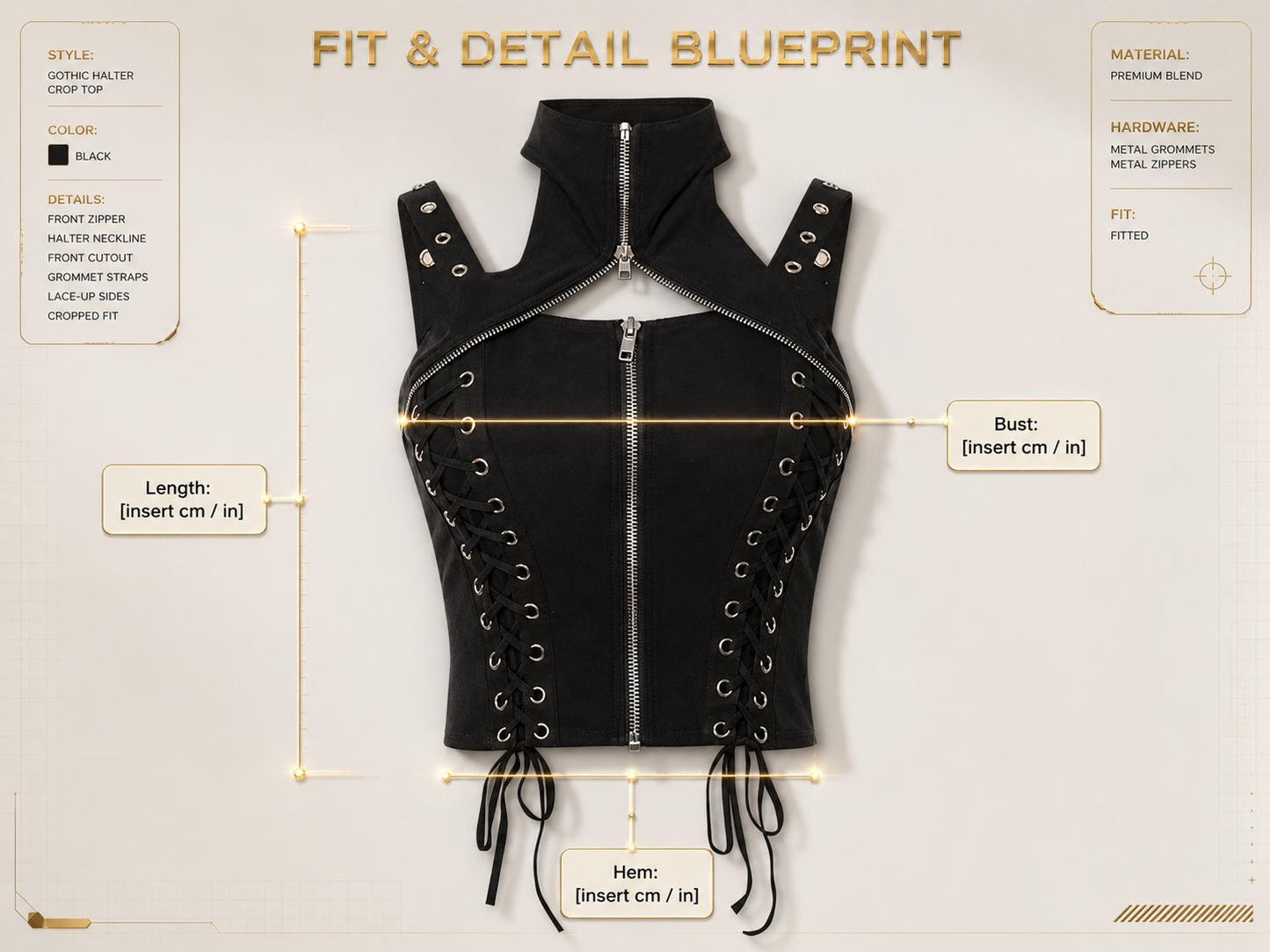 Black Gothic Halter Crop Top | Zip Front Lace Up Punk Shirt