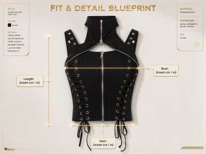 Black Gothic Halter Crop Top | Zip Front Lace Up Punk Shirt