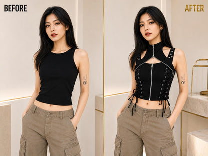 Black Gothic Halter Crop Top | Zip Front Lace Up Punk Shirt
