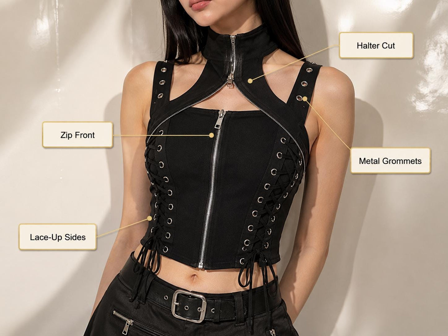 Black Gothic Halter Crop Top | Zip Front Lace Up Punk Shirt