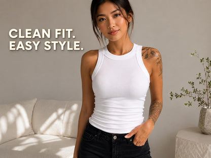 High Neck Ribbed Tank Top | Fitted Sleeveless Racerback Tee for Women