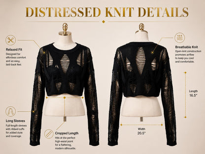 Black Distressed Knit Crop Sweater: Y2K Gothic Hollow Out Pullover Alternative Streetwear
