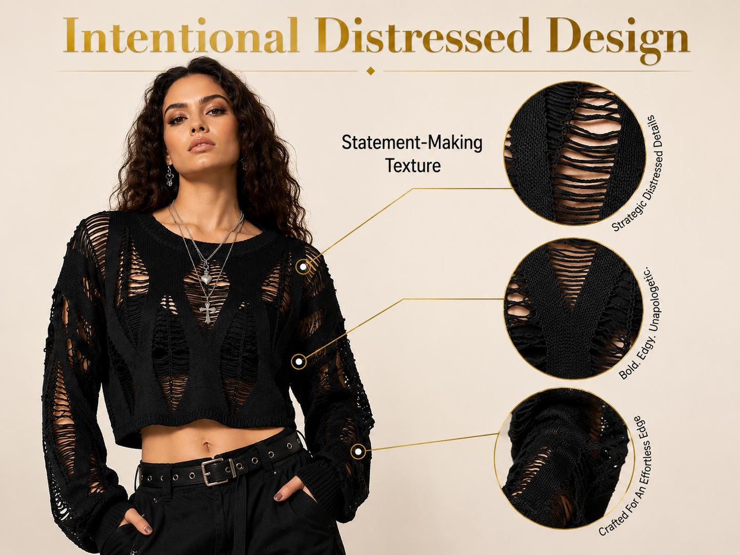Black Distressed Knit Crop Sweater: Y2K Gothic Hollow Out Pullover Alternative Streetwear