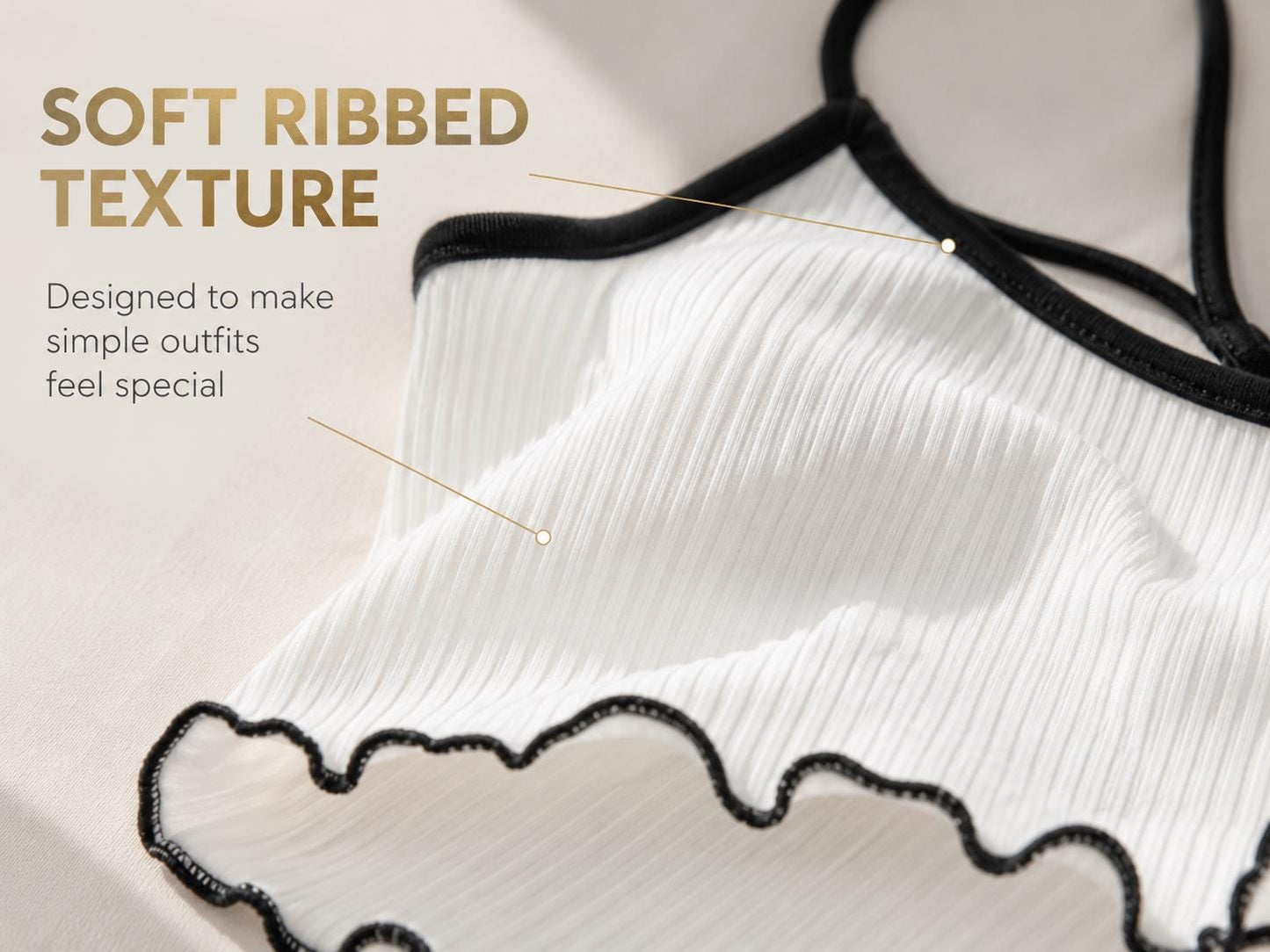 White Ribbed Cami Top | Strappy Tie-Back Crop Tank | Lettuce Hem Summer Blouse