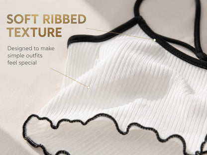 White Ribbed Cami Top | Strappy Tie-Back Crop Tank | Lettuce Hem Summer Blouse