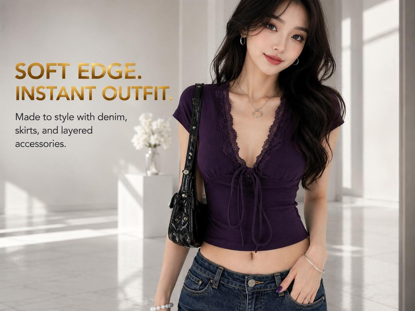 Purple Lace V-Neck Crop Top | Tie Front Short Sleeve Fairycore Blouse