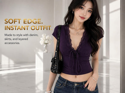 Purple Lace V-Neck Crop Top | Tie Front Short Sleeve Fairycore Blouse