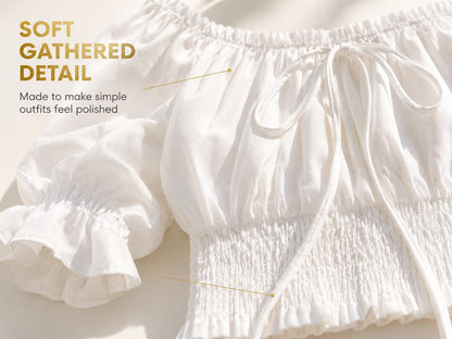 White Off Shoulder Puff Sleeve Crop Top | Smocked Waist Tie Front Blouse