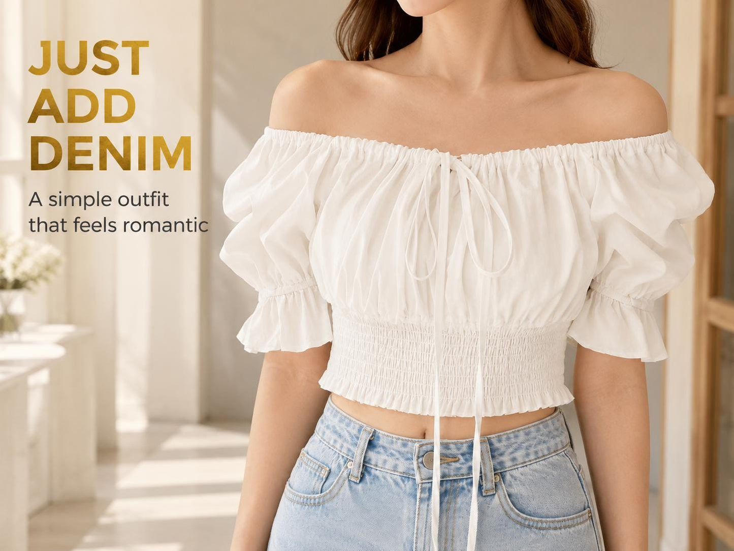White Off Shoulder Puff Sleeve Crop Top | Smocked Waist Tie Front Blouse