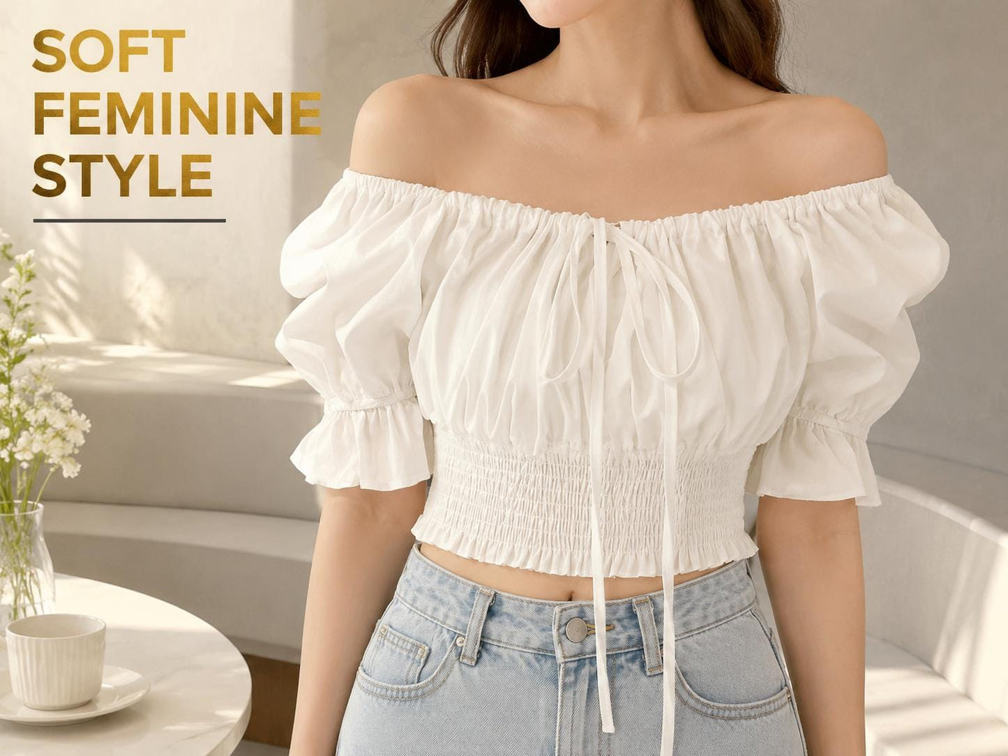 White Off Shoulder Puff Sleeve Crop Top | Smocked Waist Tie Front Blouse