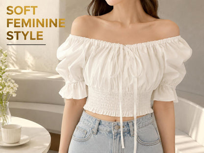 White Off Shoulder Puff Sleeve Crop Top | Smocked Waist Tie Front Blouse