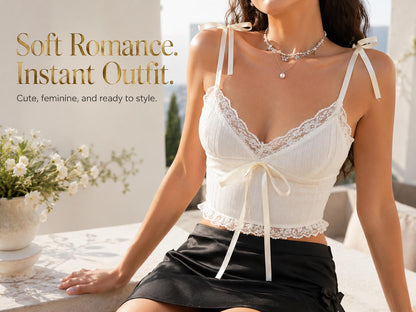 Women's Lace Trim Ribbed Cami Crop Top Bow Front Sleeveless Tank Tops