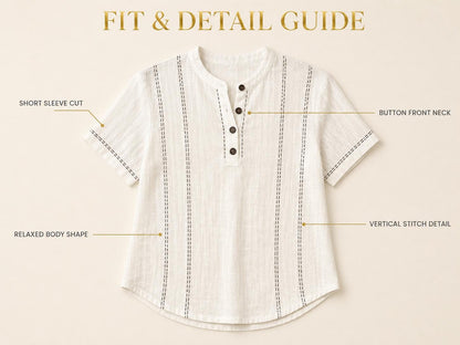 Cream White Short Sleeve Blouse | Contrast Stitch Button Neck Top